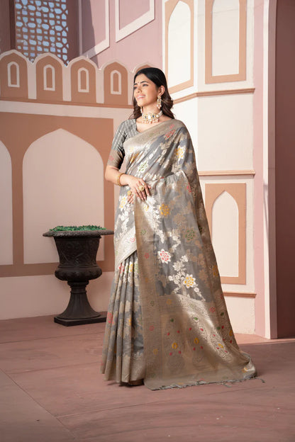 Grey Cotton Silk Saree – Banarasi Grandeur
