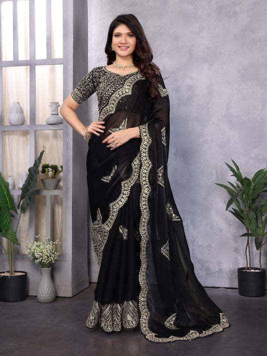 New Black Color Chiffon Embroidery Work Party Wear Saree