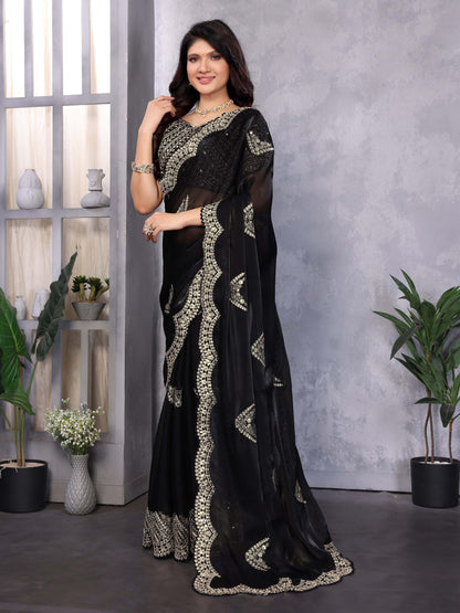 New Black Color Chiffon Embroidery Work Party Wear Saree