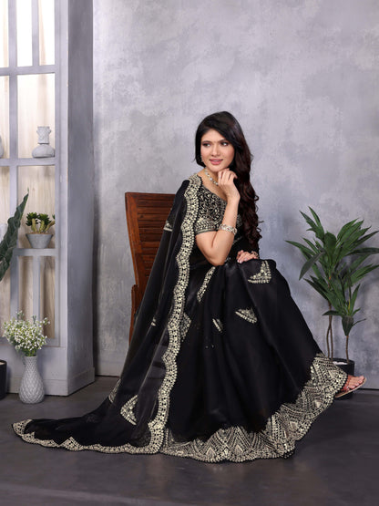 New Black Color Chiffon Embroidery Work Party Wear Saree