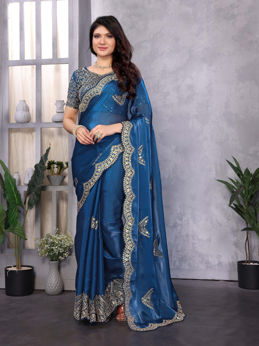 New Blue Color Chiffon Embroidery Work Party Wear Saree