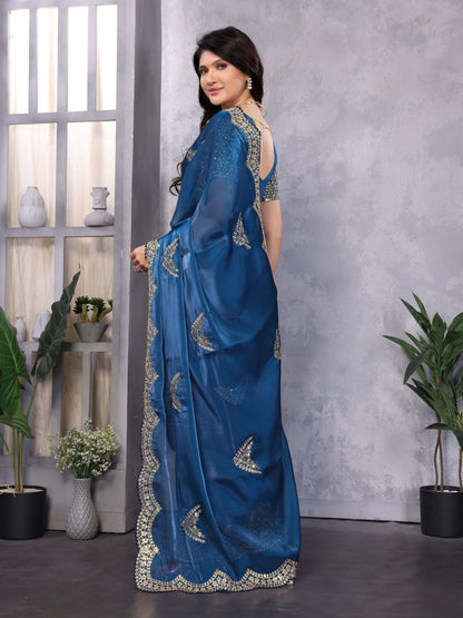 New Blue Color Chiffon Embroidery Work Party Wear Saree