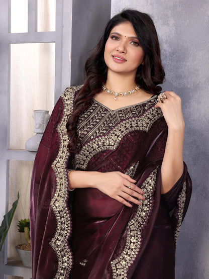 New Burgundy Color Chiffon Embroidery Work Party Wear Saree