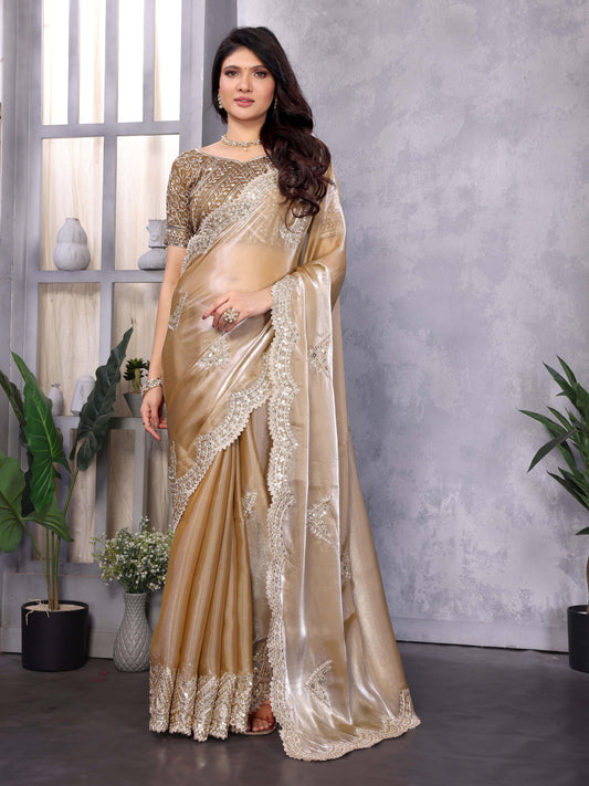 New Cream Color Chiffon Embroidery Work Party Wear Saree