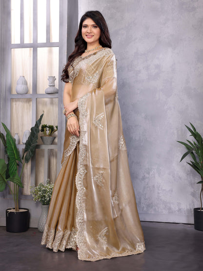 New Cream Color Chiffon Embroidery Work Party Wear Saree