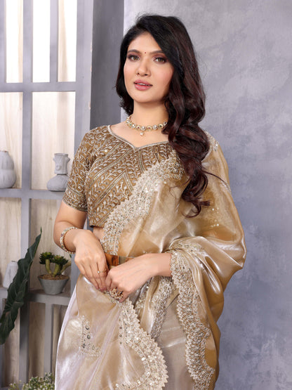 New Cream Color Chiffon Embroidery Work Party Wear Saree