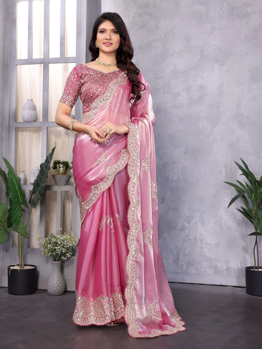 New Light Pink Color Chiffon Embroidery Work Party Wear Saree