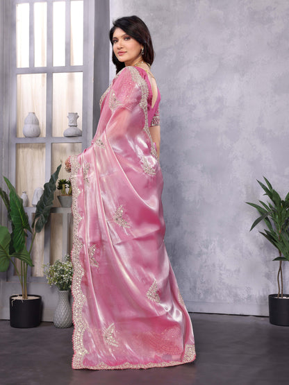 New Light Pink Color Chiffon Embroidery Work Party Wear Saree