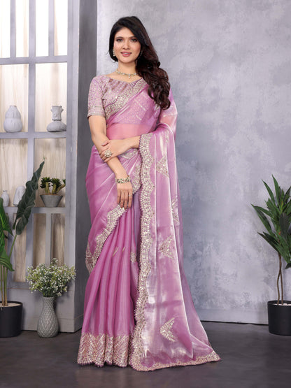 New Mauve Color Chiffon Embroidery Work Party Wear Saree