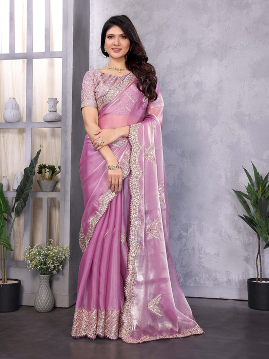 New Mauve Color Chiffon Embroidery Work Party Wear Saree