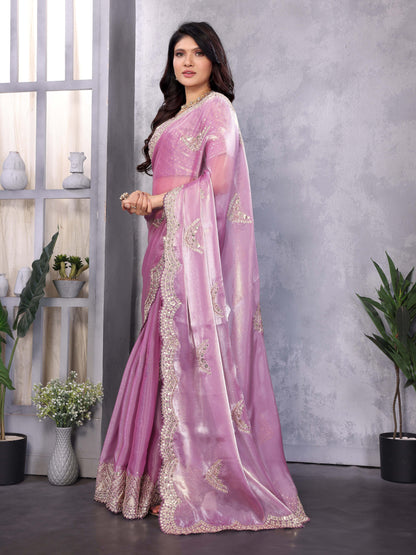 New Mauve Color Chiffon Embroidery Work Party Wear Saree