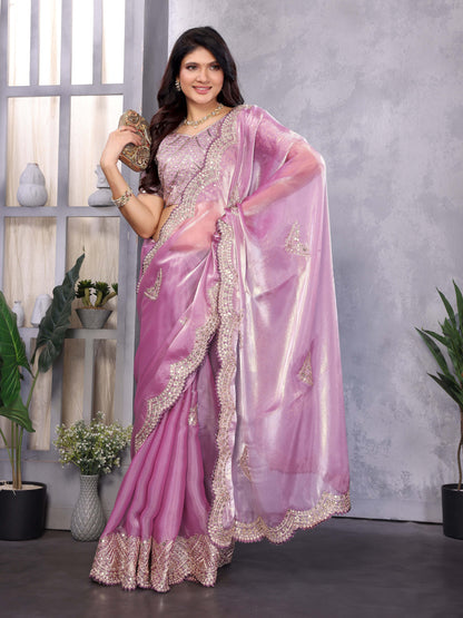 New Mauve Color Chiffon Embroidery Work Party Wear Saree