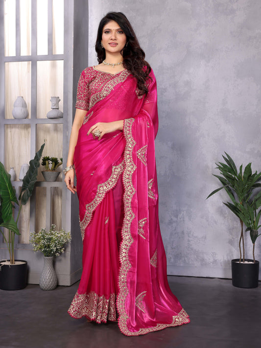 New Pink Color Chiffon Embroidery Work Party Wear Saree