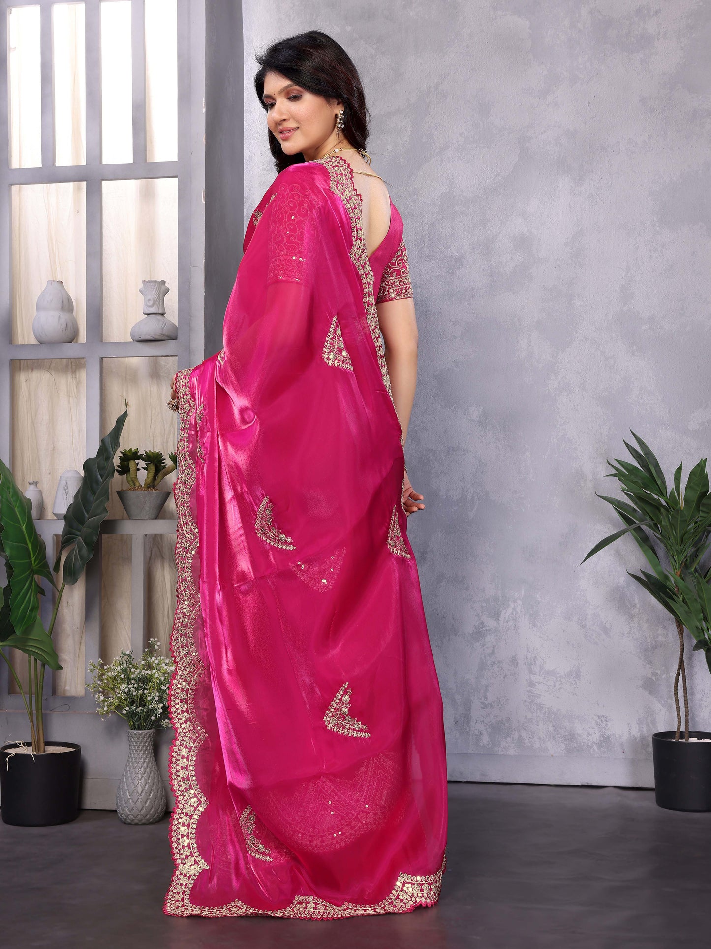 New Pink Color Chiffon Embroidery Work Party Wear Saree