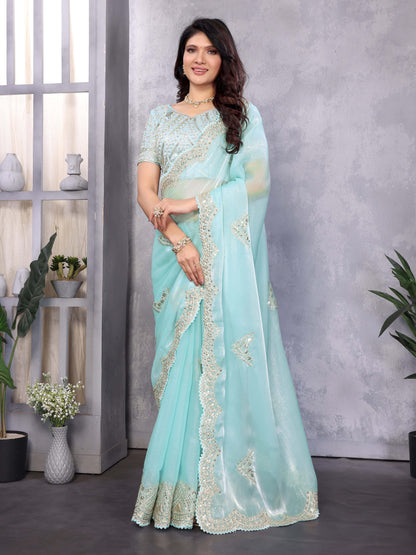 New Sky blue Color Chiffon Embroidery Work Party Wear Saree