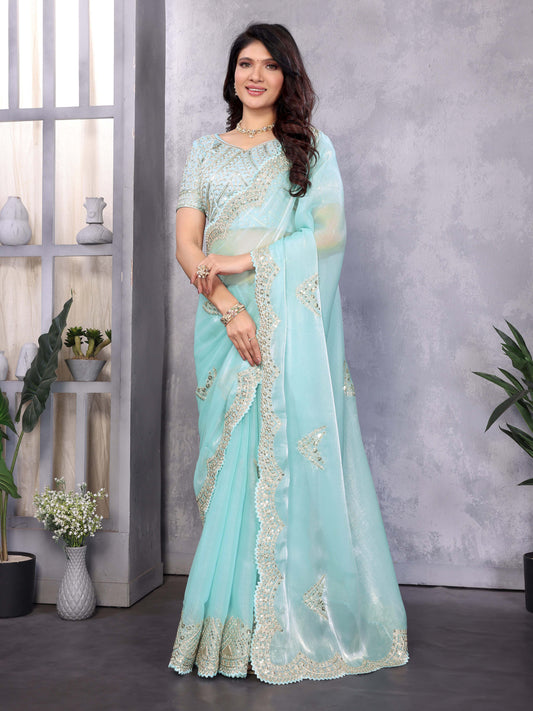 New Sky blue Color Chiffon Embroidery Work Party Wear Saree