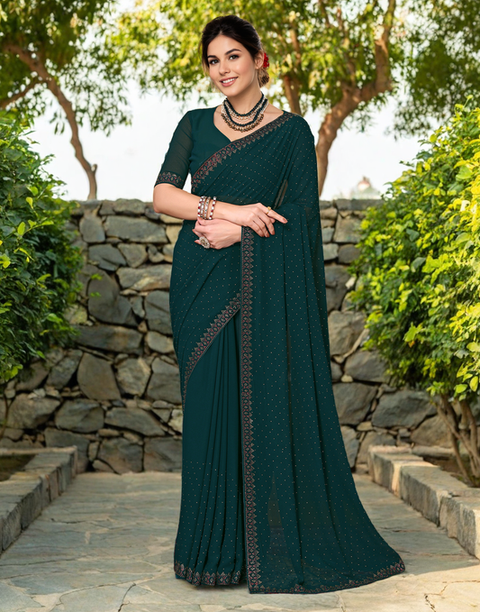 Green Color Rangoli Dimond Work Party Wear Saree