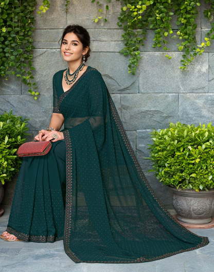 Green Color Rangoli Dimond Work Party Wear Saree