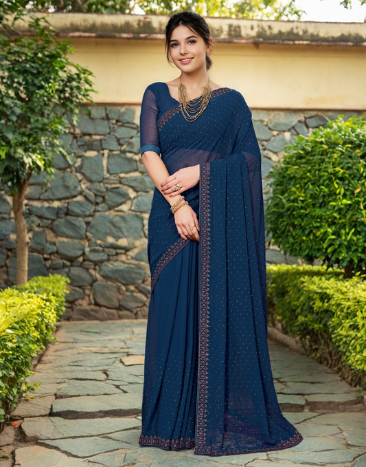 Teal Color Rangoli Dimond Work Party Wear Saree