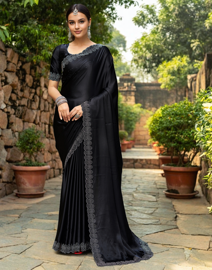 Rangoli Silk Siroski Work Party Wear Saree (Black)