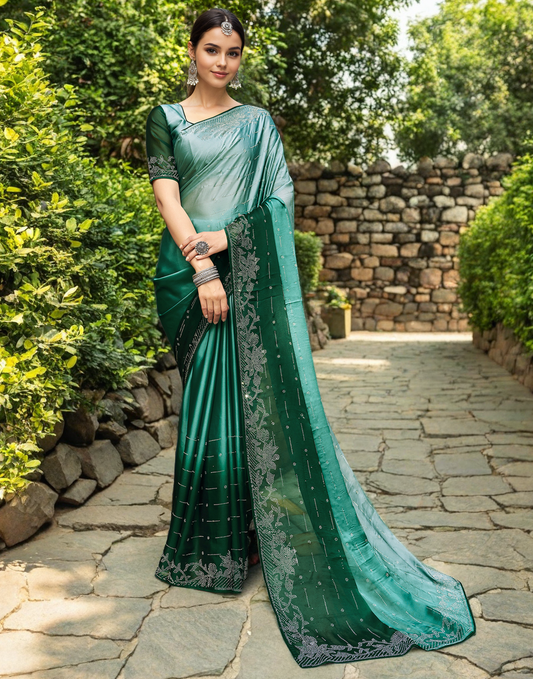 Rangoli Silk Siroski Work Party Wear Saree (Green)
