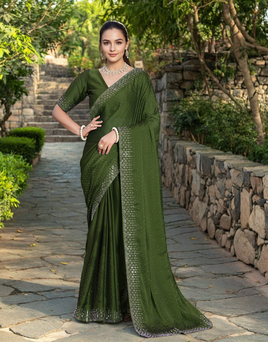 Mehendi Color Rangoli Saree with Diamond Work