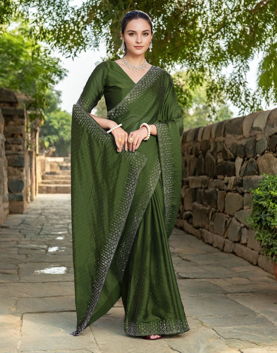 Mehendi Color Rangoli Saree with Diamond Work