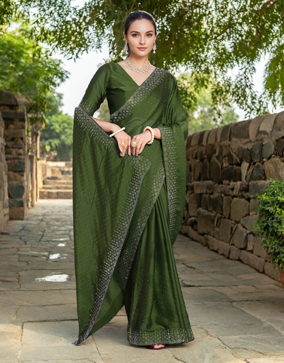 Mehendi Color Rangoli Saree with Diamond Work
