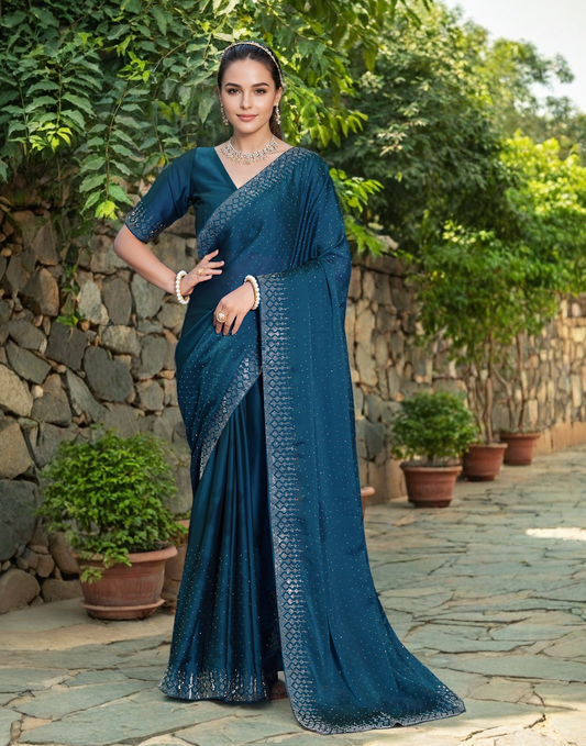 Teal Color Rangoli Saree with Diamond Work