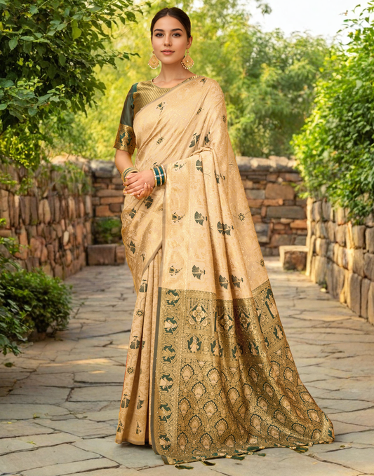 Amazing Cream Color Silk Weaving Work Paithani Party Wear Saree