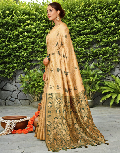 Amazing Cream Color Silk Weaving Work Paithani Party Wear Saree