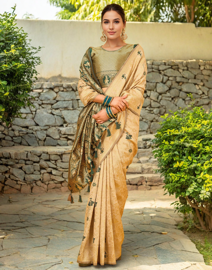 Amazing Cream Color Silk Weaving Work Paithani Party Wear Saree
