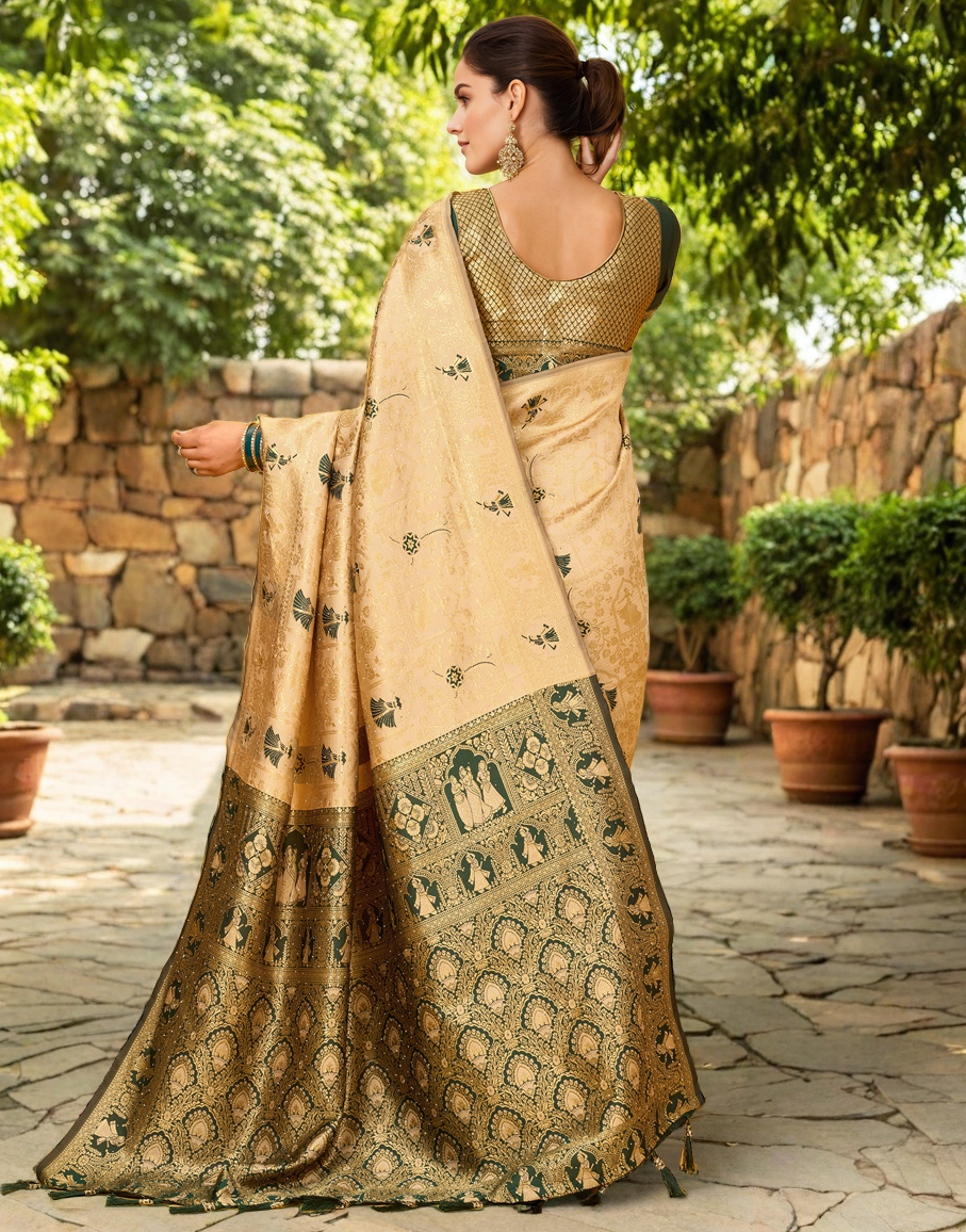 Amazing Cream Color Silk Weaving Work Paithani Party Wear Saree