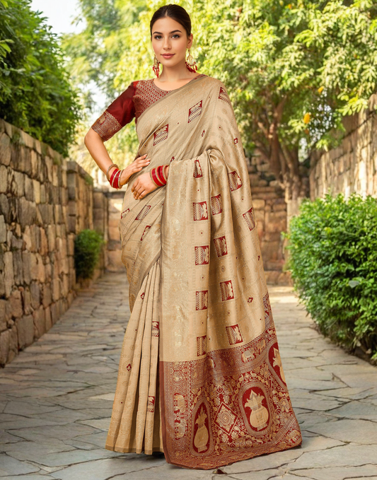 Cream Color Silk Weaving Work Paithani Designer Saree
