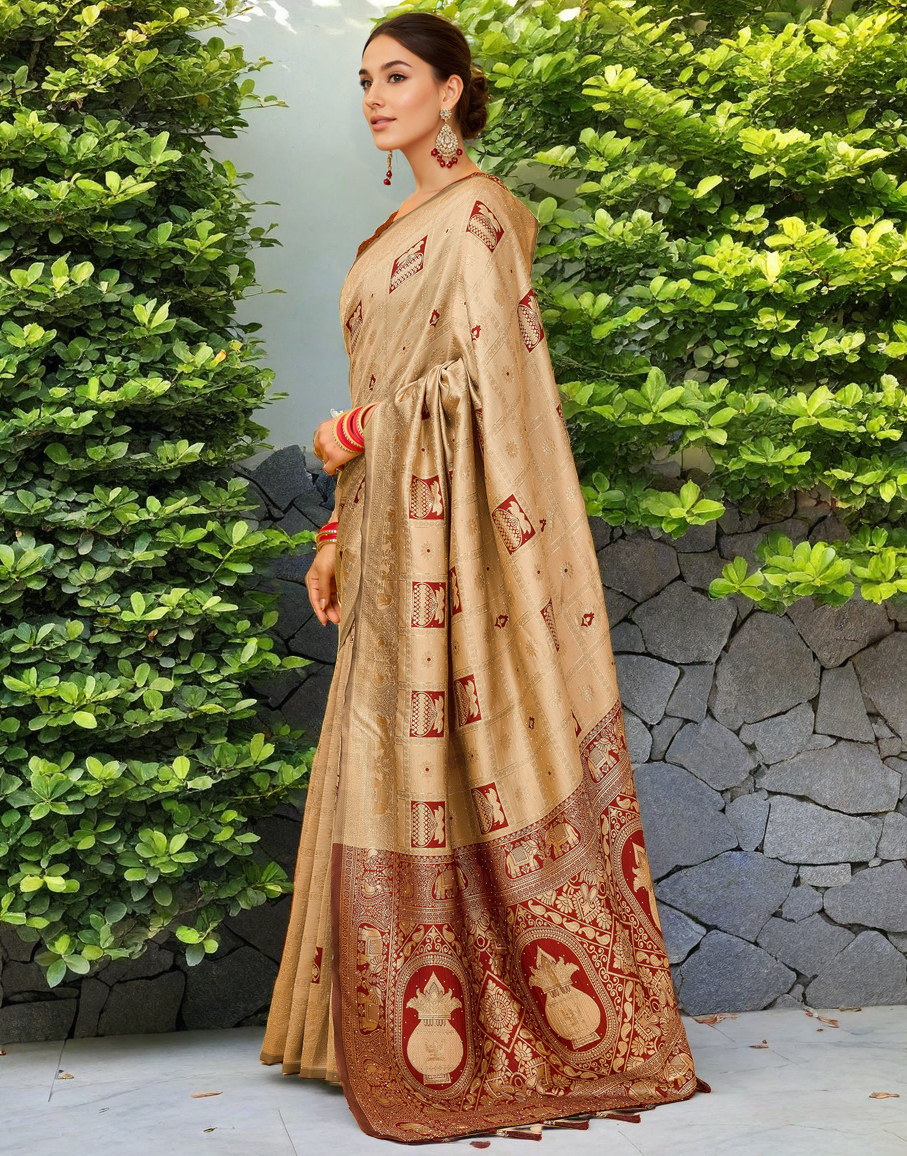 Cream Color Silk Weaving Work Paithani Designer Saree
