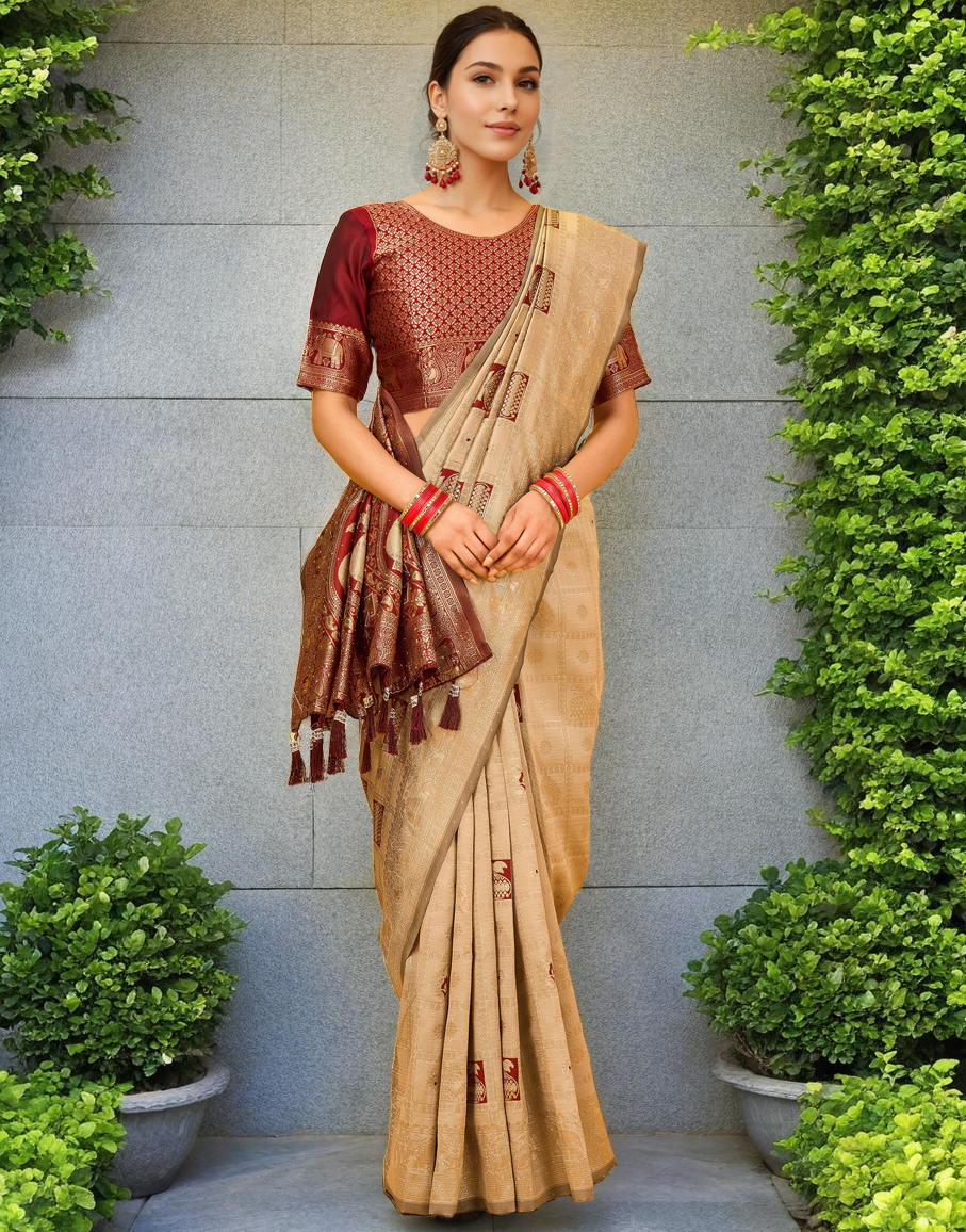 Cream Color Silk Weaving Work Paithani Designer Saree