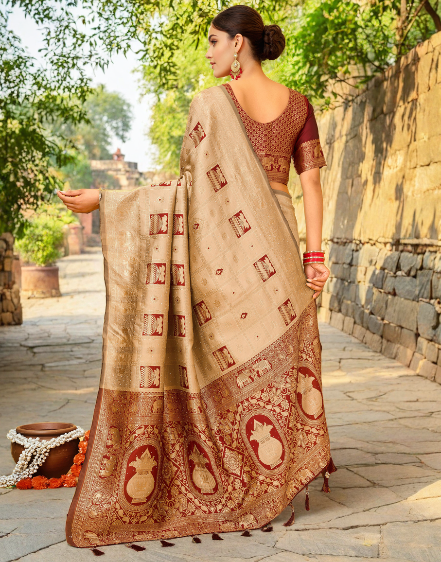 Cream Color Silk Weaving Work Paithani Designer Saree