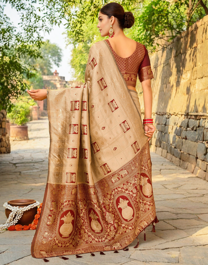 Cream Color Silk Weaving Work Paithani Designer Saree