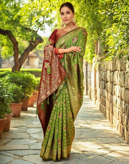 Lime Green Color Silk Weaving Work Paithani Designer Saree