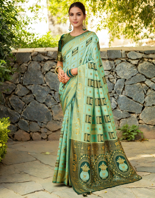 Mint Green Color Silk Weaving Work Paithani Designer Saree