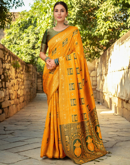 Musturd Color Silk Weaving Work Paithani Designer Saree