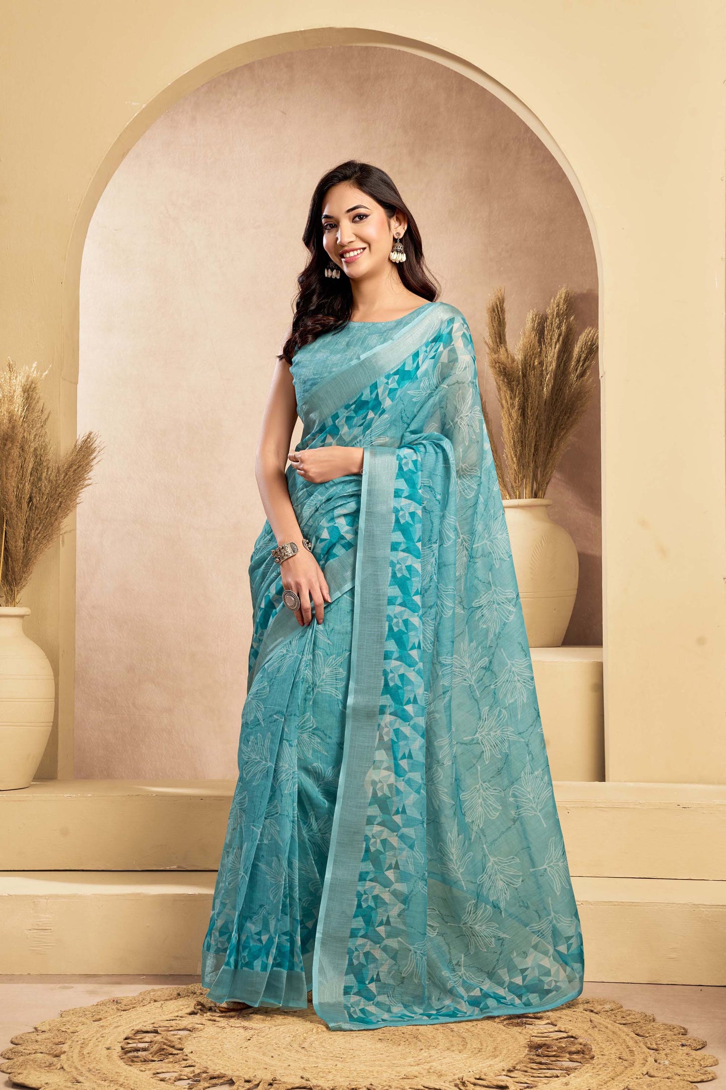 Ready-to-Wear Saree – Aqua Linen with Pocket | Vastraan