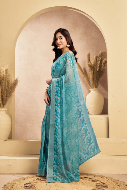 Ready-to-Wear Saree – Aqua Linen with Pocket | Vastraan