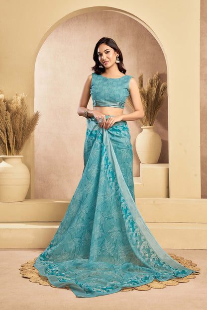 Ready-to-Wear Saree – Aqua Linen with Pocket | Vastraan