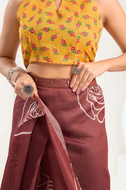 Ready-to-Wear Saree – Brown Linen with Pocket | Vastraan