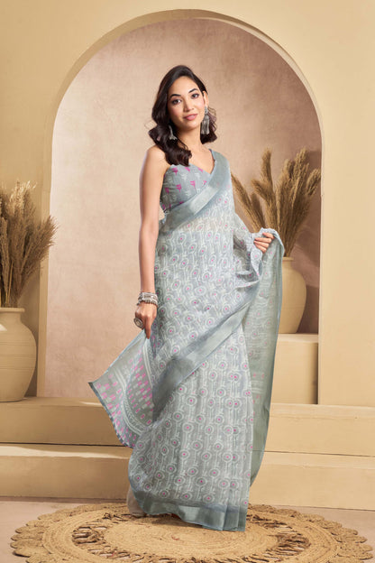 Ready-to-Wear Saree – Grey Linen with Pocket | Vastraan