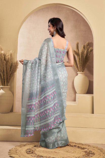 Ready-to-Wear Saree – Grey Linen with Pocket | Vastraan