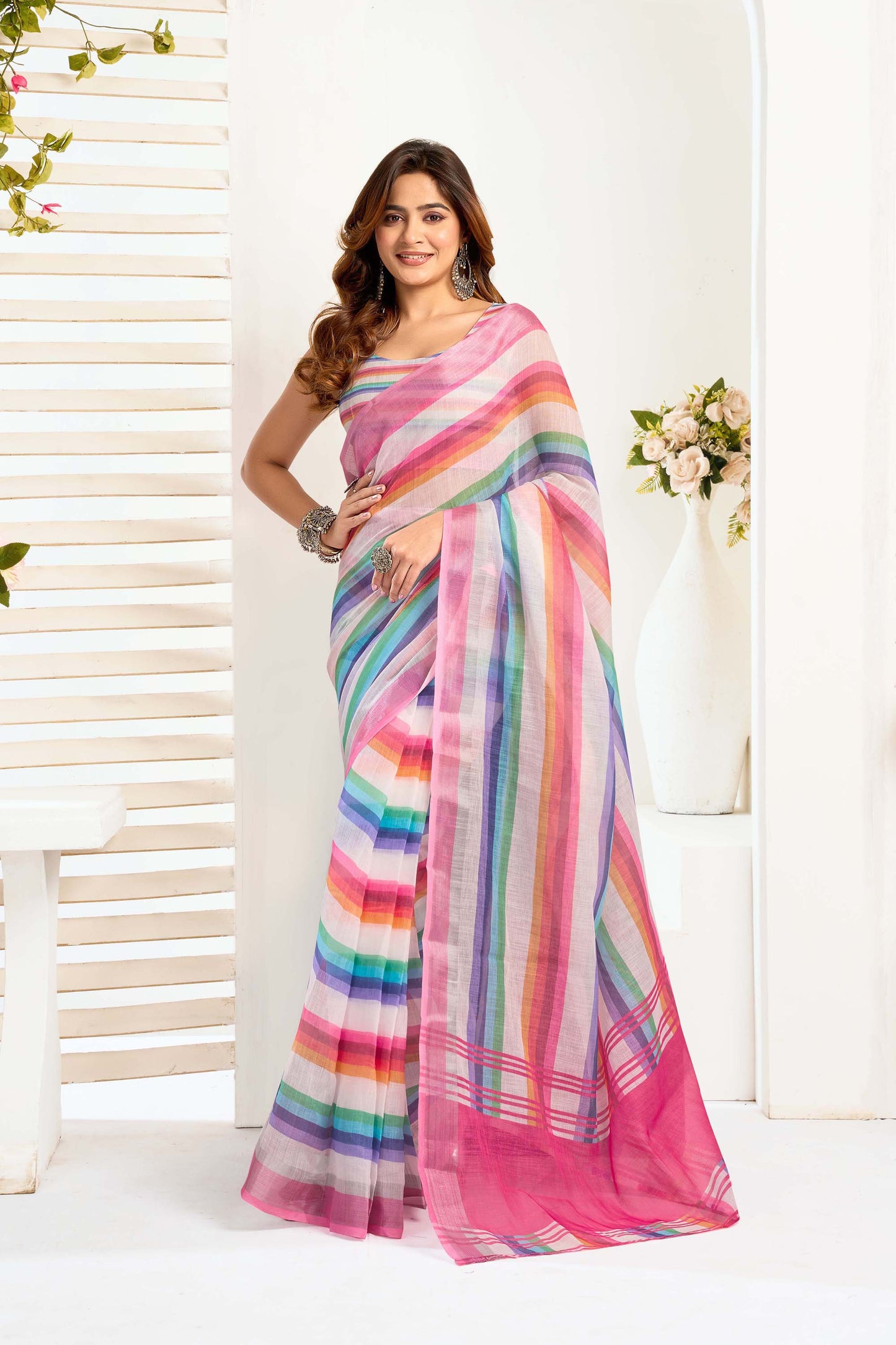 Ready-to-Wear Saree – Multi Linen with Pocket | Vastraan