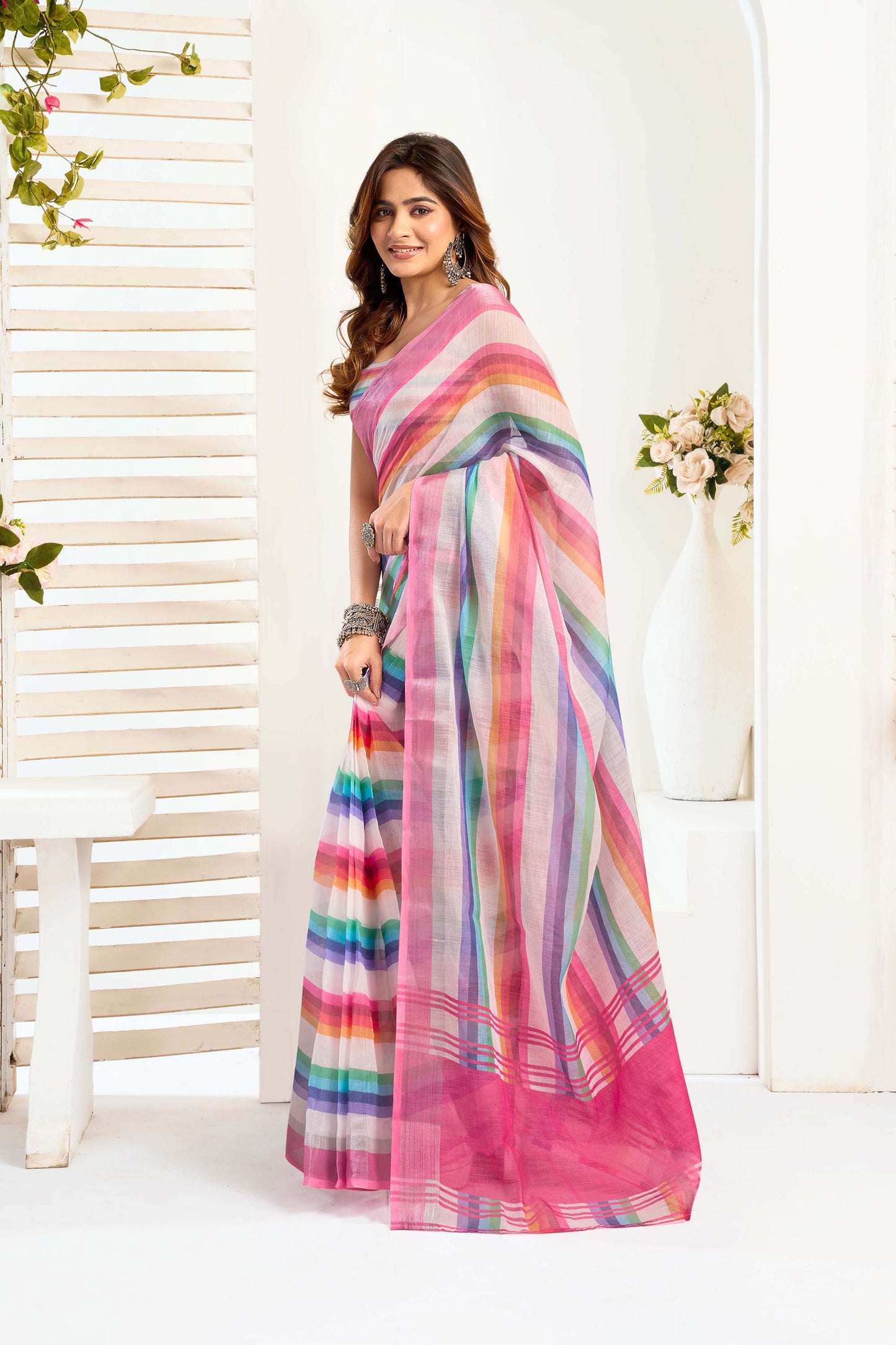 Ready-to-Wear Saree – Multi Linen with Pocket | Vastraan