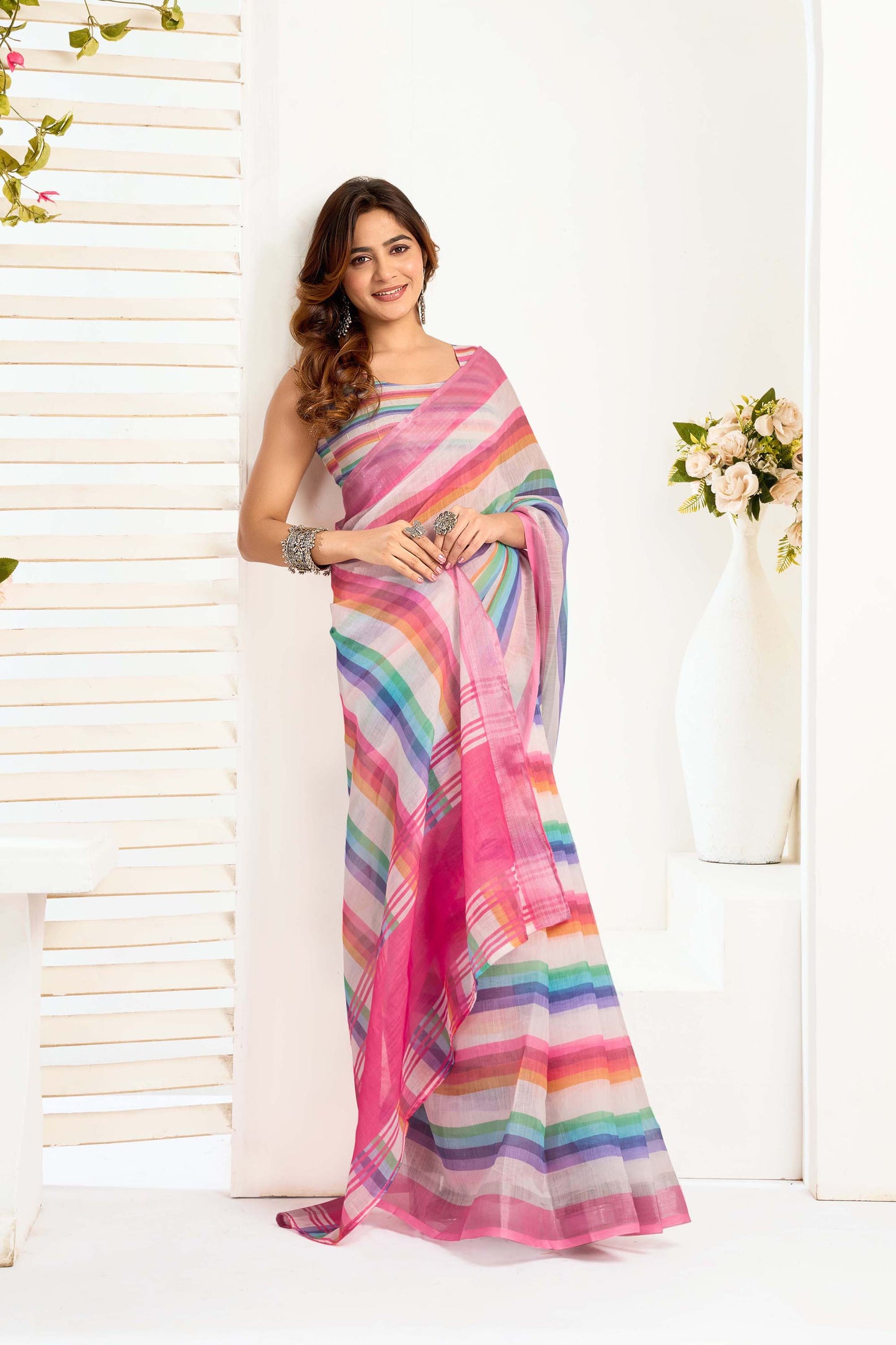 Ready-to-Wear Saree – Multi Linen with Pocket | Vastraan